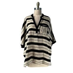 Worth Striped Dolman Sleeve Relaxed Fit Tunic Top Black/Tan Linen size Large